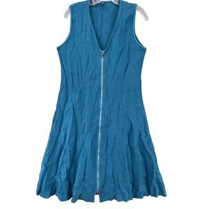 Inizio Sun Dress Women L Blue Linen Fit & Flare V Neck Full Zip Sleeveless Italy